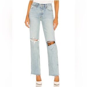 RE/DONE Originals 90s High Rise Loose Jeans in Breezy Indigo with Rips, Size 28